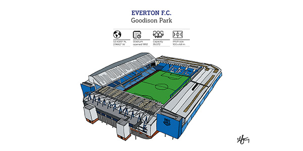 GroundDesigns Mappa Artistica Dello Stadio Goodison Park – Everton FC, Stampa In Formato A3, Fatta In Gran Bretagna